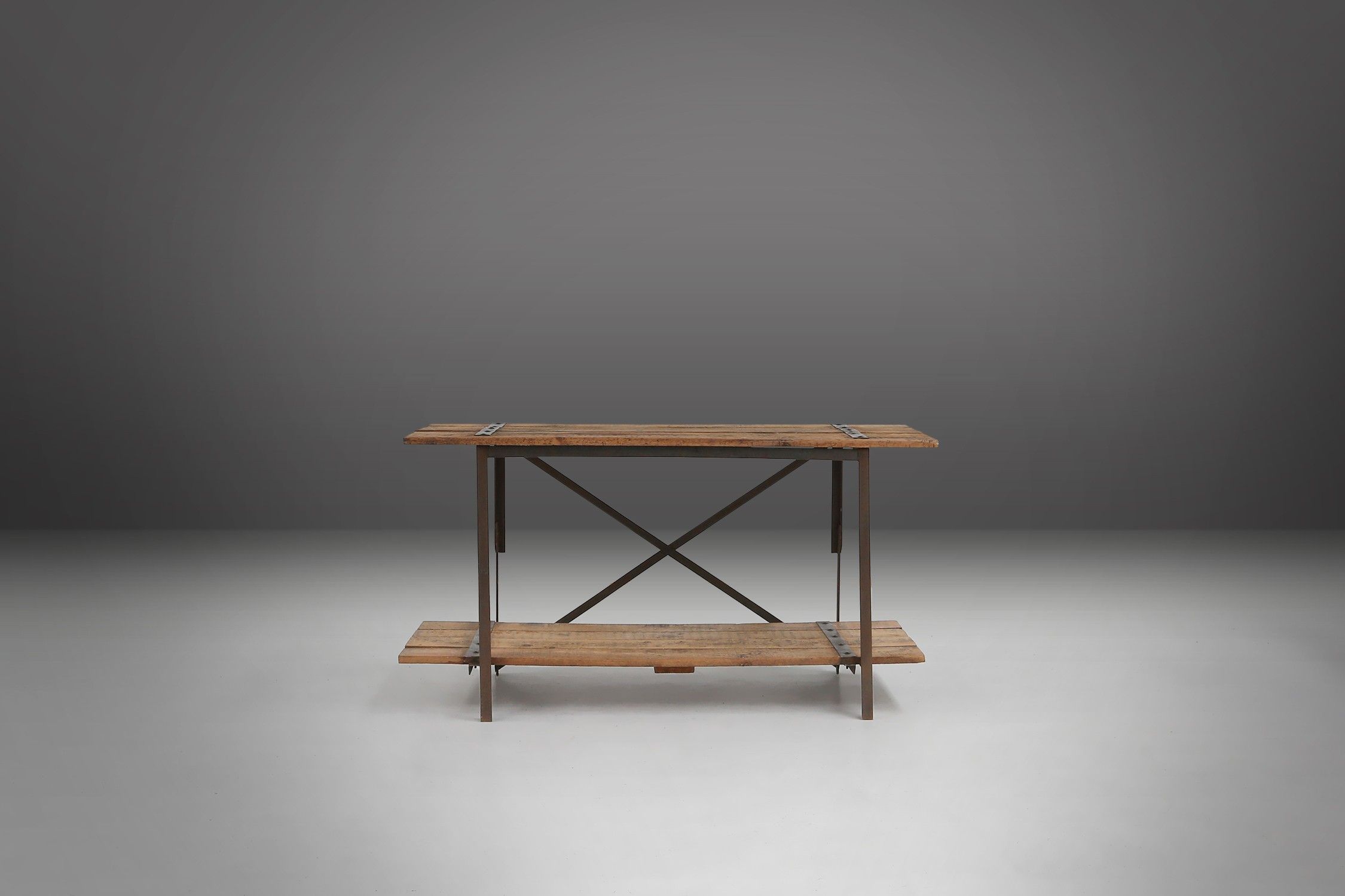  Industrial side tables with metal frame and wooden top and removable platform, Belgium, 1920thumbnail